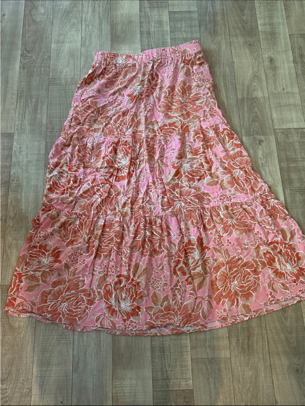 Pink Floral Tiered Maxi Skirt with Elastic Waist